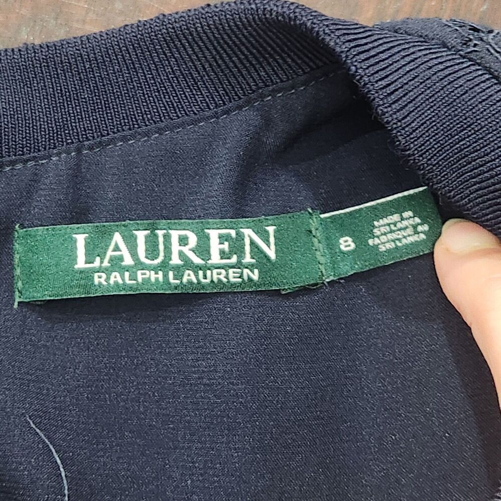 Lauren Ralph‎ Lauren Mini Pencil Dress Navy Lace Short Sleeve Lined Crew Neck 8 - Picture 4 of 10